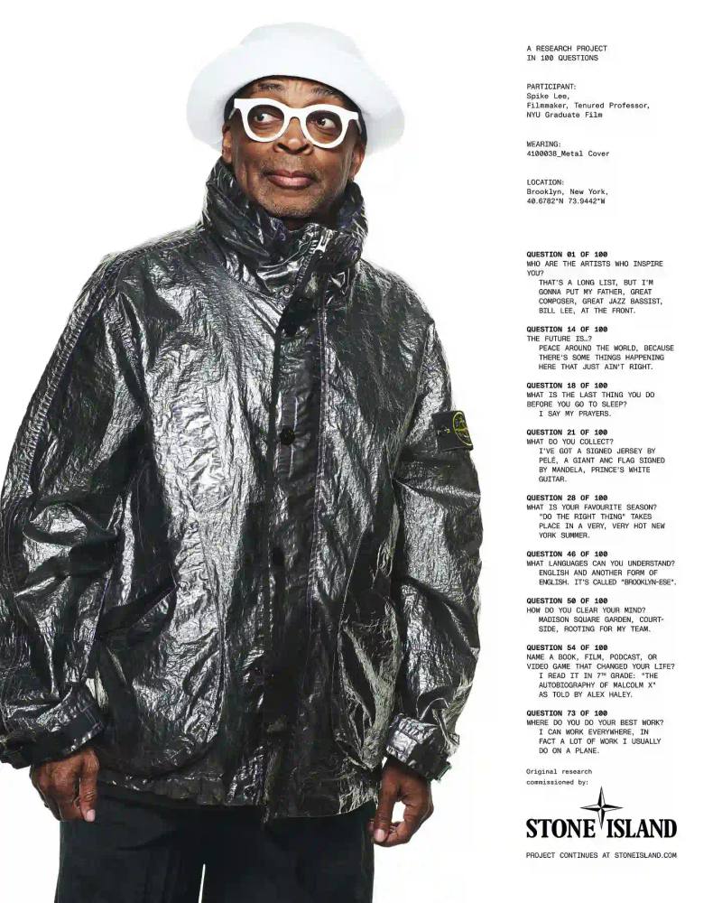 A series of black and white portraits against white backgrounds showing Spike Lee in a metallic jacket, Giggs in an oversized turtleneck, John Glacier in a camo parka, and Hidetoshi Nakata in a field jacket. Additional portraits feature Avi Gold, Jalen Green, Ethan Ruan, Garrett Wilson, Gene Gallagher, and Ruth Rogers wearing Stone Island pieces. Photography by David Sims.