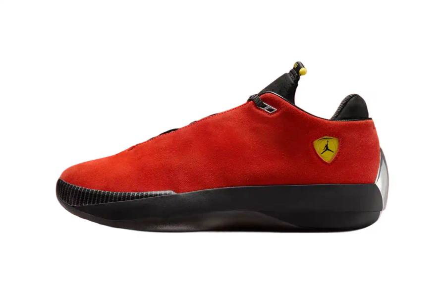 Jordan Brand announces the Air Jordan 4014 Ferrari sneaker combining design elements from the Air Jordan 40 and Air Jordan 14 models, featuring a red suede upper with yellow details and carbon fiber accents, scheduled for Spring 2026 release at $200 USD.