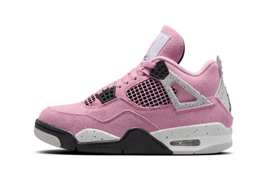 Air Jordan 4 'Orchid' sneaker shown in three-quarter view, featuring pink suede upper with grey and black accents, white midsole, and signature AJ4 wing supports