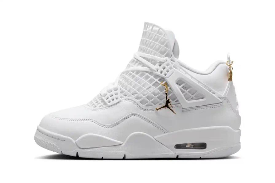 White Air Jordan 4 NET sneaker with expanded netting covering the upper and tongue, featuring metallic gold Jumpman logo and all-white leather and textile construction.  Copy