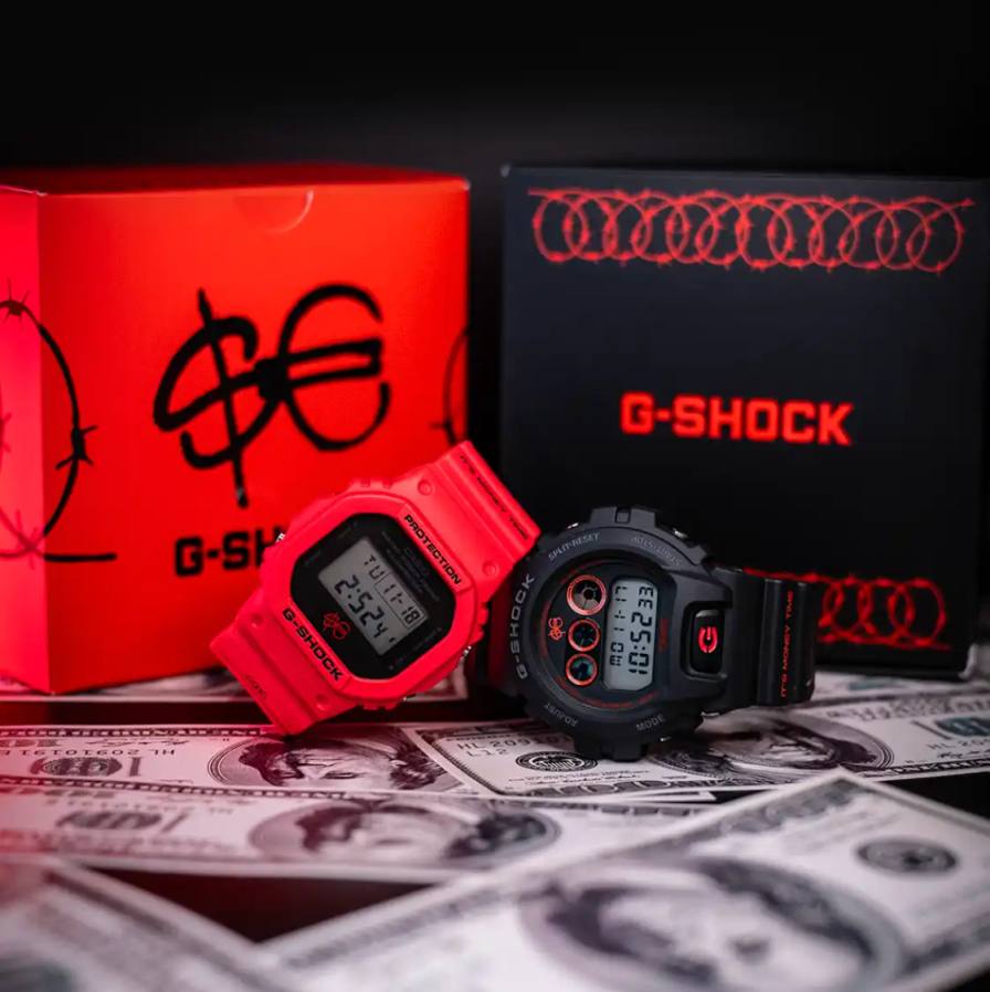 image about Sfera Ebbasta's collaboration with G-SHOCK, featuring two limited edition watch models with custom design elements.