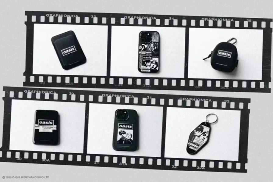 image of tech accessory brand CASETiFY releases Oasis-themed collection including phone cases, device protection and collector items with monochromatic band graphics.