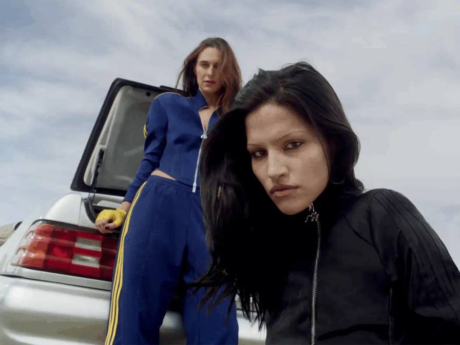 Fashion brand Miaou partners with adidas Originals to launch a collection combining contemporary style with vintage motorsport aesthetics, modeled by Gabbriette and Devon Lee Carlson.