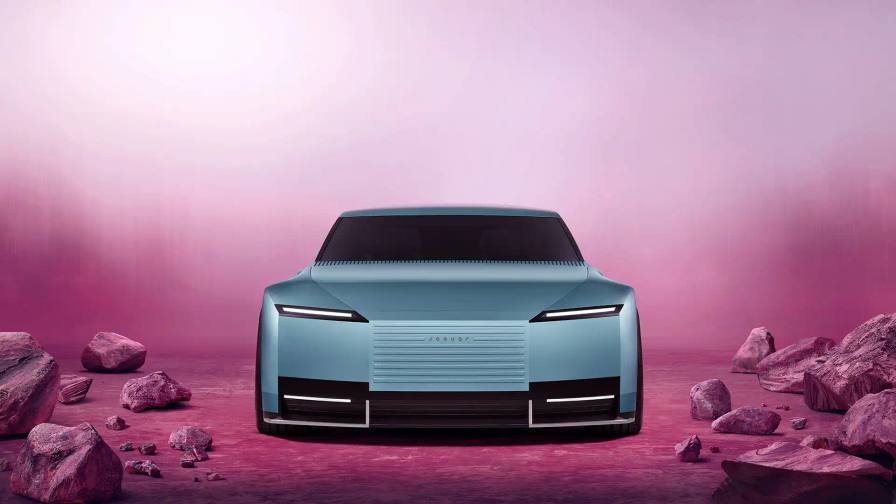 Jaguar Jaguar Type 00 concept car in Miami Pink, featuring an elongated electric vehicle design with butterfly doors, 23-inch alloy wheels, and a sleek, avant-garde silhouette against a minimalist background.