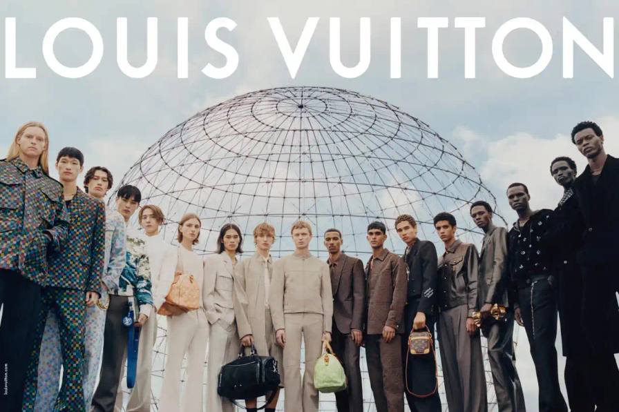 Stef Mitchell Models wearing Louis Vuitton Spring 2025 collection pose in UNESCO's headquarters. They're dressed in earth-toned suits and casual wear, photographed in formal meeting rooms and gardens. The images showcase bags, sunglasses, and diplomatic-inspired fashion against modernist architecture.