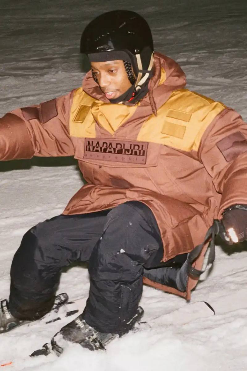 Article about the second fashion collaboration between Martine Rose and Napapijri for Fall/Winter 2025, featuring technical outerwear and floral patterns.
