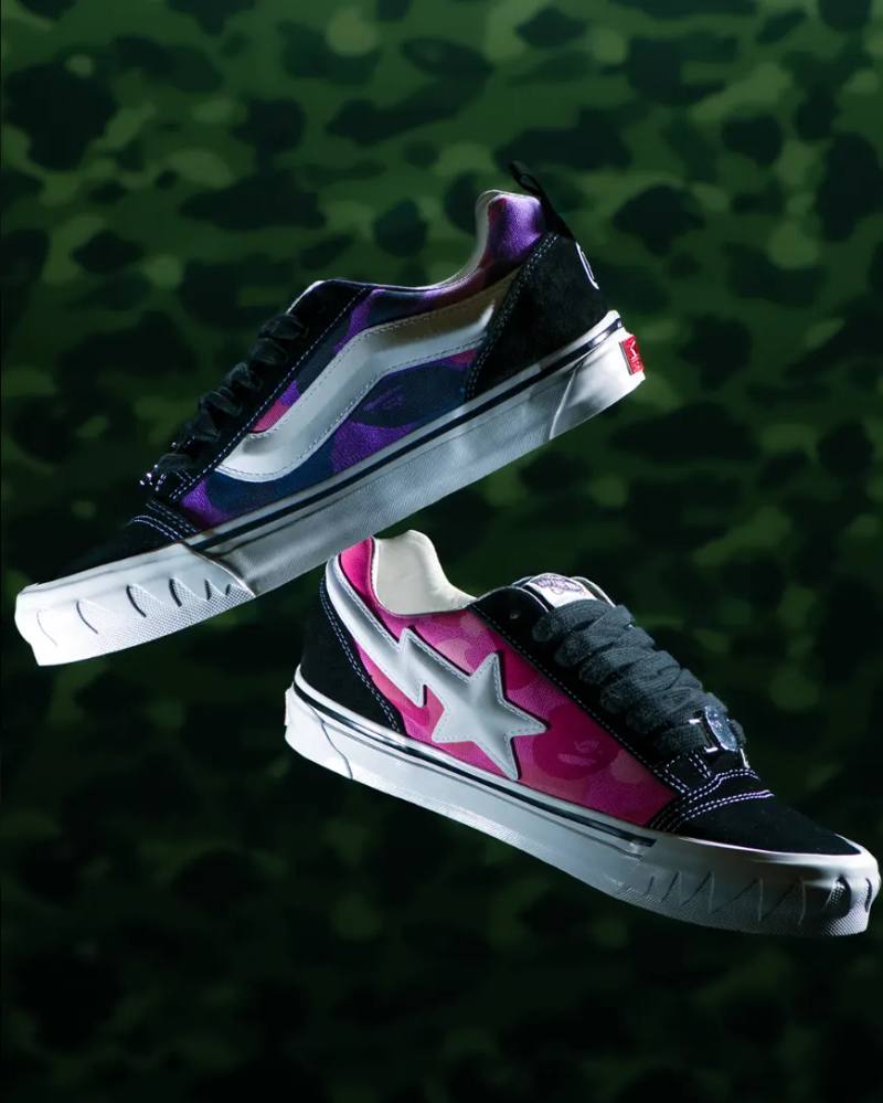 an image detailing the technical and design specifications of the upcoming Vans and BAPE Knu Skool footwear collaboration.