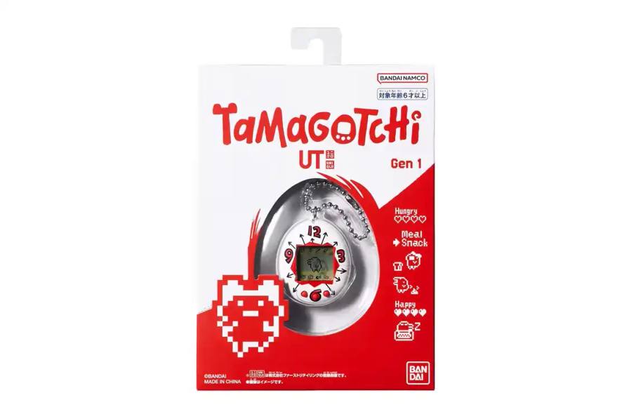 Bandai and UNIQLO release a Tamagotchi anniversary collection featuring T-shirts and a limited-edition device shell with clock design and red accents.