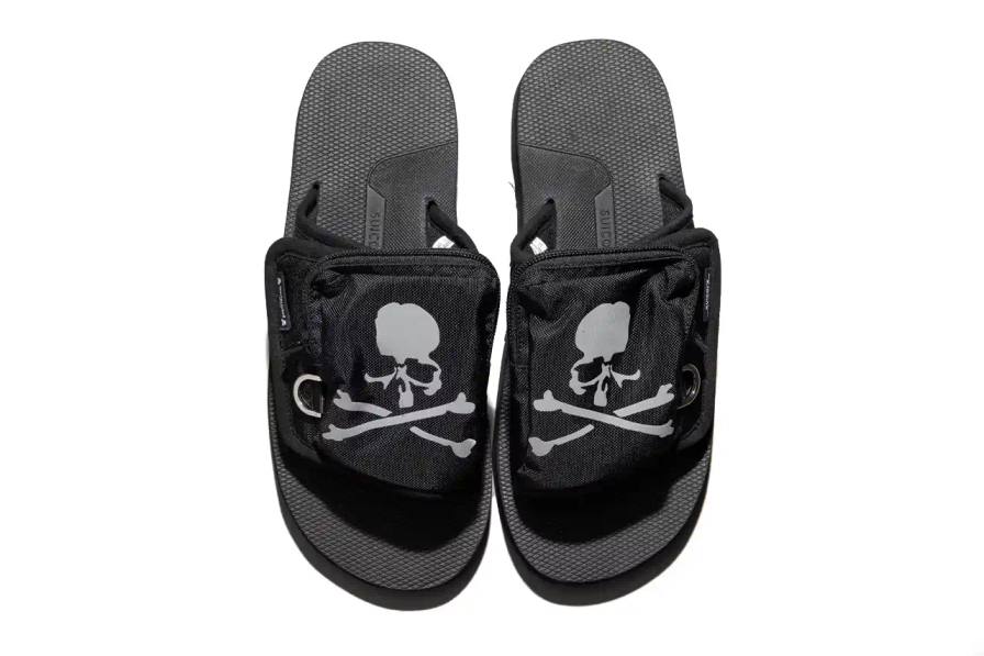 SUICOKE TEAMS UP WITH MASTERMIND JAPAN FOR NEW SANDALS Article about Japanese footwear collaboration between SUICOKE and mastermind JAPAN featuring reflective sandals with technical specifications, pricing, and availability details. Content includes brand background, product features, materials, and retail information.