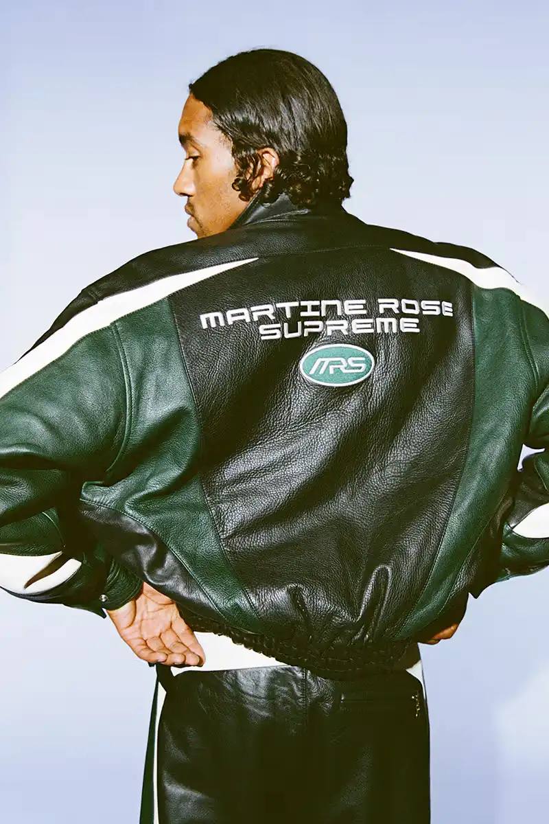 MARTINE ROSE COLLABORATES WITH SUPREME A variety of garments and accessories from the Martine Rose x Supreme capsule collection, including jackets, shirts, sweaters, hoodies, t-shirts, leather pants, jeans, bags, scarves, and hats