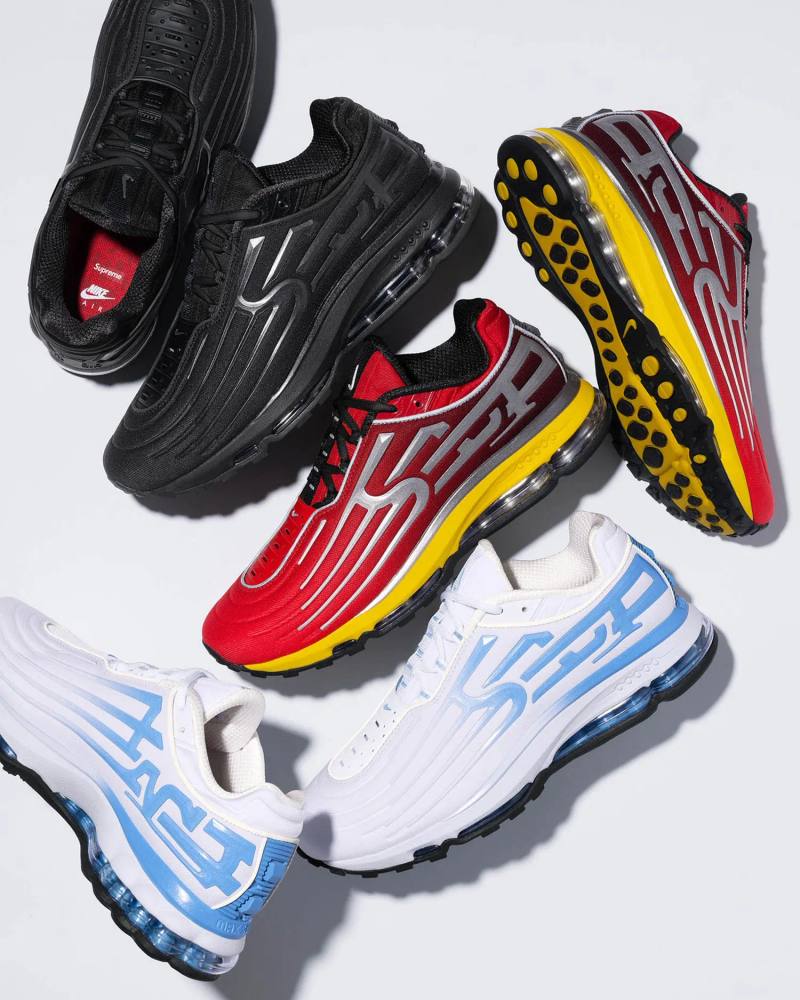 SUPREME NIKE AIR MAX 2001 AIR ECSTASY image detailing the Supreme and Nike Air Max 2001 Air Ecstasy sneaker release, including design specs, materials, pricing, and launch dates.