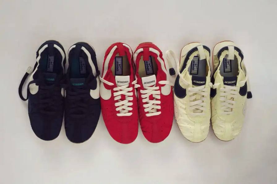 French fashion brand Jacquemus partners with Nike to relaunch the classic Moon Shoe sneaker from 1972 in three new colorways.