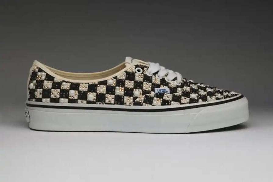 Mattias Gollin collaborates with Vans to create a bead-covered Authentic sneaker featuring approximately 2,000 hand-applied gems, available December 5 for $750 USD by appointment only.