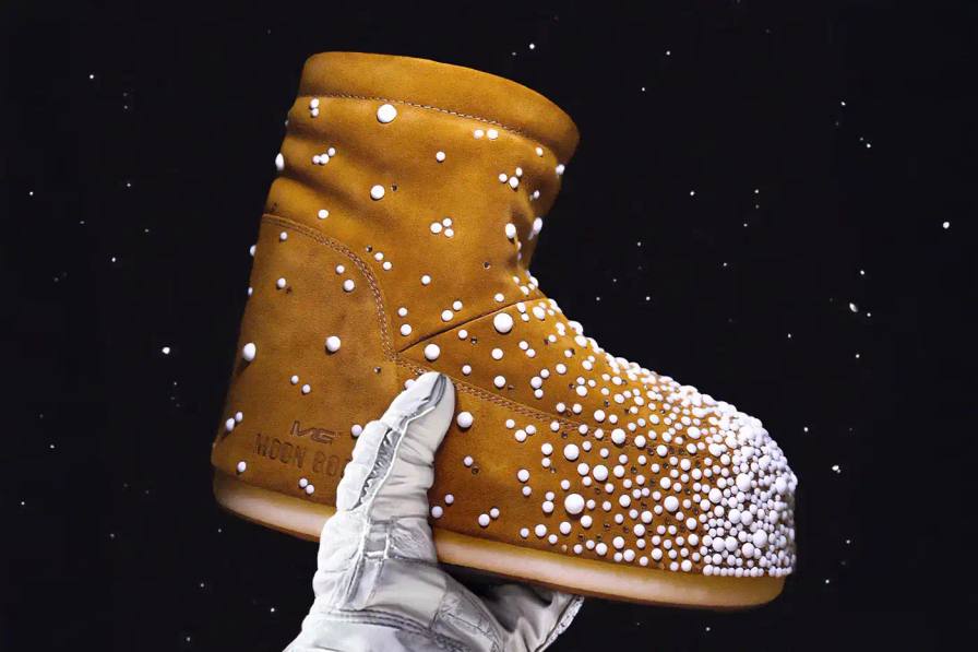 Limited edition Moon Boot from the FLAKES collection in sand color, featuring pearl and crystal embellishments in a gradient pattern.