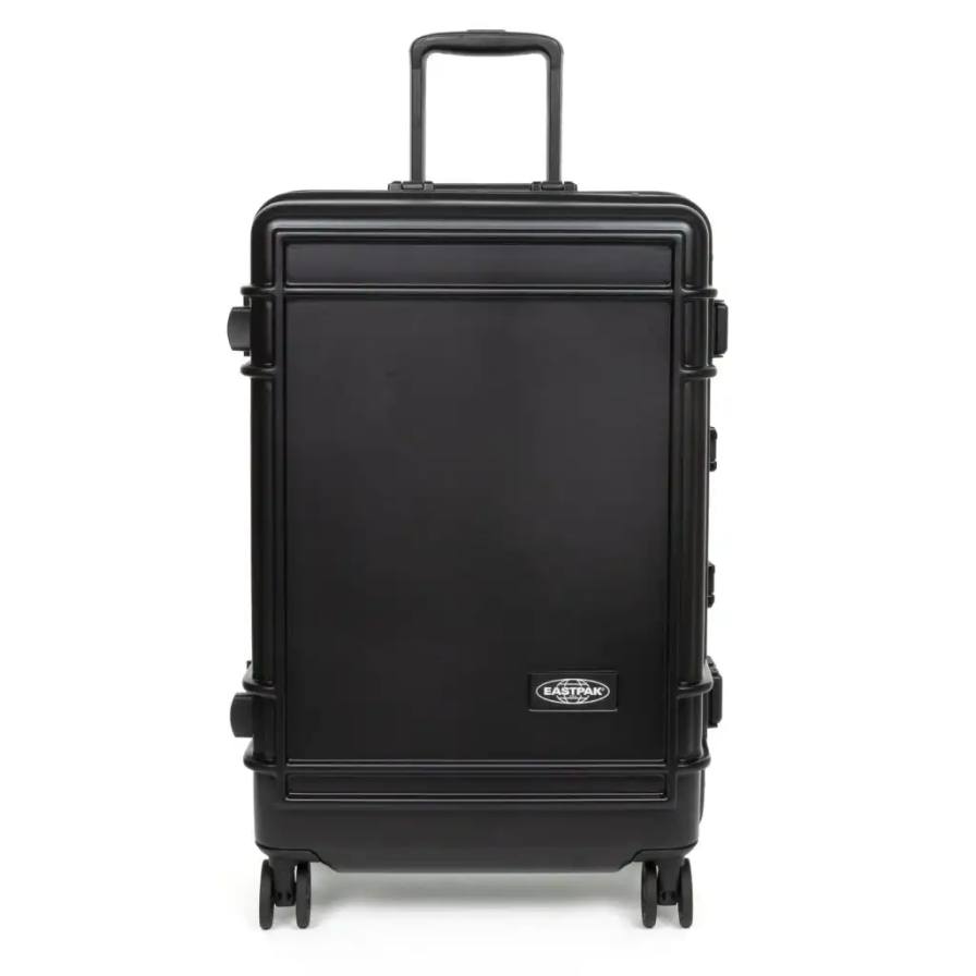 Eastpak Eastpak Resist'r Case hard-shell luggage in three sizes - small, medium, and large - displayed in red, gray, and black colors. The suitcases feature a sleek polycarbonate exterior with aluminum frame, quiet wheels, and TSA-approved locks. Eastpak logo visible on the front