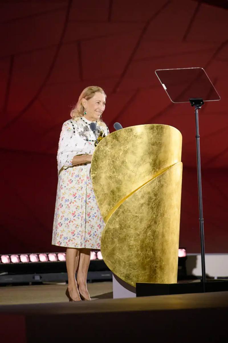 Miuccia Prada receives Lifetime Achievement Award at Fashion Trust Arabia 2025 in Doha for her influence on contemporary fashion design.
