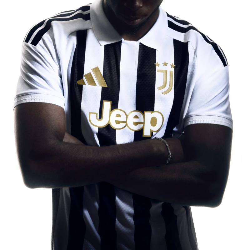 image describes the new 2026 2027 Juventus home kit by Adidas focusing on the striped design and polo collar.