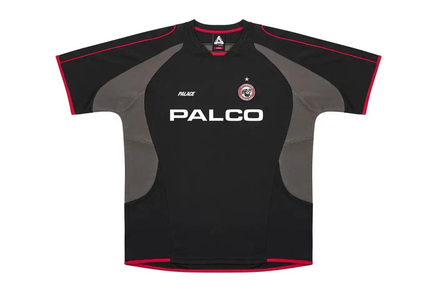 PALACE'S LATEST SPRING 2025 COLLECTION HITS STORES Collection of Palace Spring 2025 apparel displayed on plain background, showing oversized hoodies, striped rugby shirts, soccer jerseys, and matching tracksuit sets in various colors including black, grey, navy, and green.