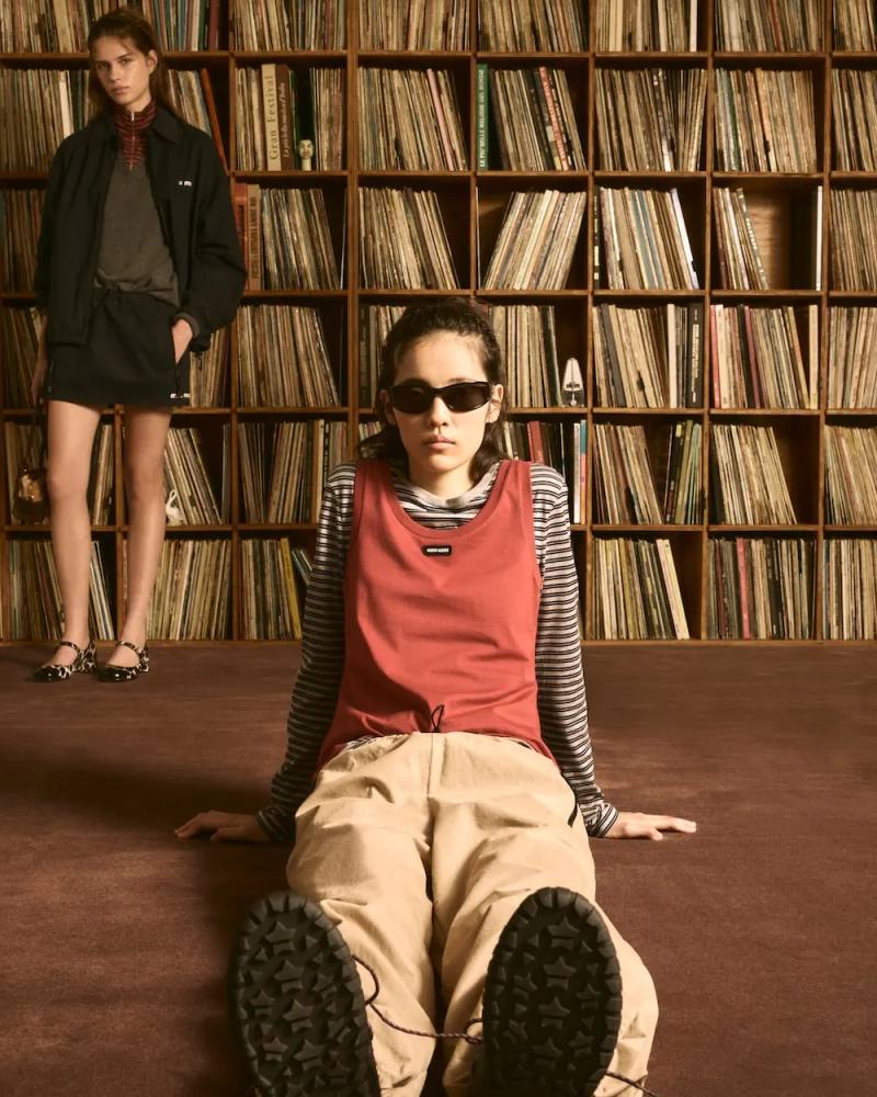 image detailing Miu Miu's Vinyl Club pop-up project, featuring fashion items, custom audio gear, and global location dates.