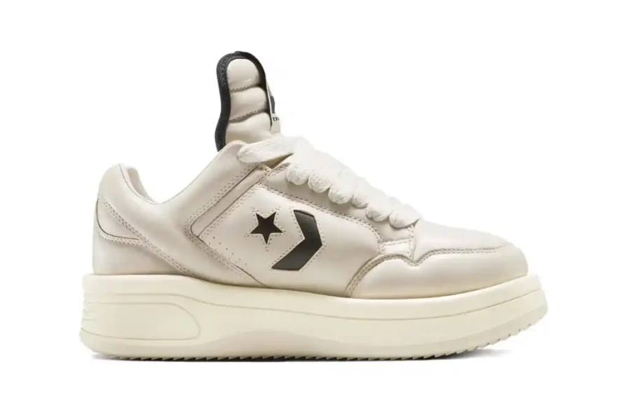 image describes the final collaboration between Converse and Rick Owens DRKSHDW, which began in 2021. The new TURBOWPN Ox is a low-profile redesign of the sculptural TURBOWPN sneaker. The article details its key features including inflated premium leather upper, extended tongue, volumized midsole, and CX foam cushioning. Additional specifications include a woven DRKSHDW label, serrated outsole, and molded rubber heel. The sneaker will be available in "Oyster" and "Black" colorways starting April 29 through official brand websites and select retailers.