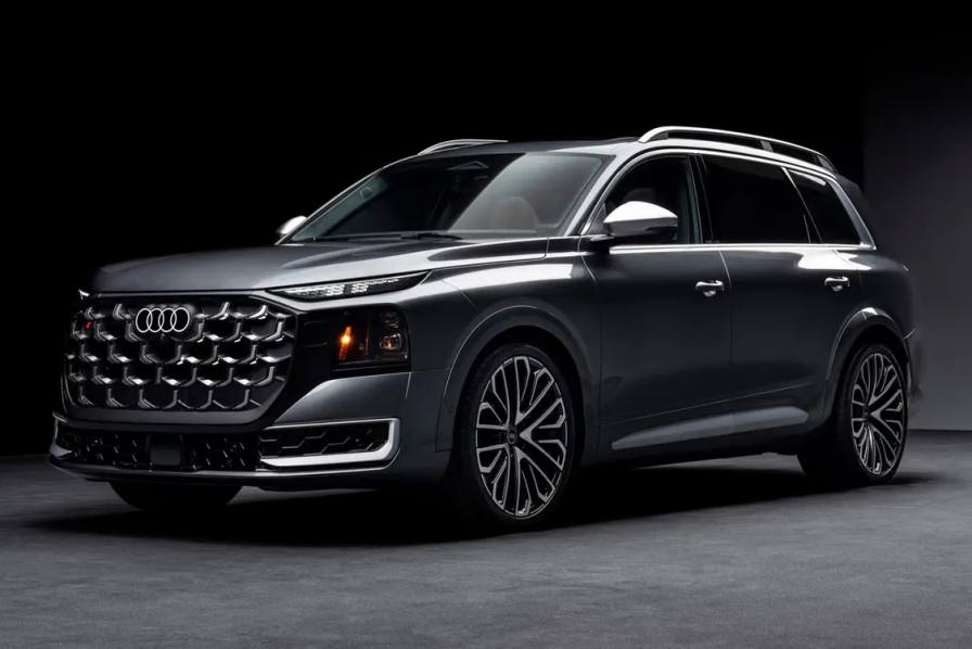image explaining Audi's new Q9 and SQ9 vehicle models, including engine performance, dimensions, exterior light projectors, and seating layouts.