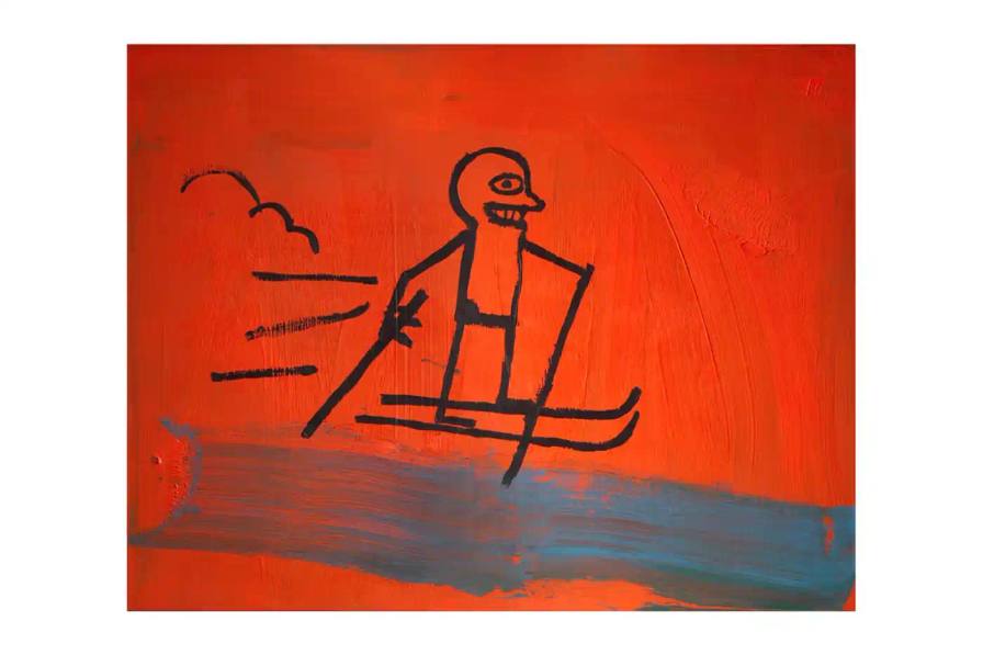 Nine-canvas artwork by Basquiat depicting figures and text that blend African Diaspora imagery with Swiss cultural references
