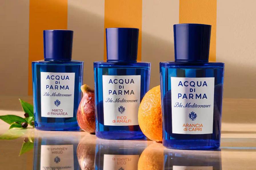 image about Italian perfume brand Acqua di Parma releasing enhanced versions of three Mediterranean-inspired fragrances through extended maceration process, including product details and availability information.