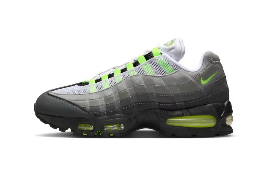 This article announces the return of Nike's Air Max 95 "Neon" sneakers for their 30th anniversary. It details the April 18, 2025 release date, $185 USD price point, and describes the classic Black/Neon Yellow-Cool Grey colorway with its human anatomy-inspired gradient design. The article explains the distinctive neon green accents on the eyelets, mudguard, Air unit, mini Swoosh, and tongue branding, noting its historical significance in athletic footwear.