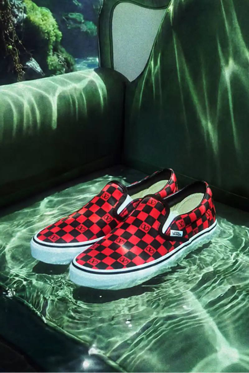 Valentino and Vans collaborate on six Classic Slip-On sneaker styles with signature VLogo patterns, checkerboard designs, and tropical prints, priced at $490 USD.