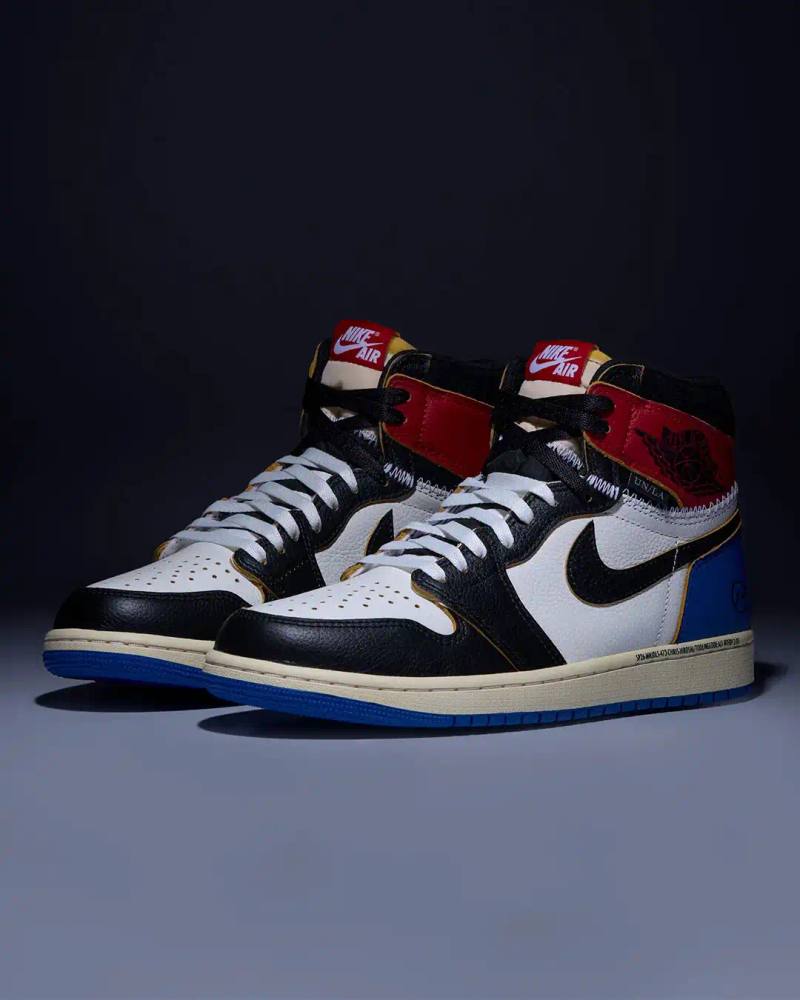 FRAGMENT UNION JORDAN 1 DROPS FEBRUARY 14 image about the Air Jordan 1 High collaboration between fragment design and Union Los Angeles, featuring deconstructed design elements and a hybrid colorway combining Black Toe and Sport Blue aesthetics, releasing February 14.