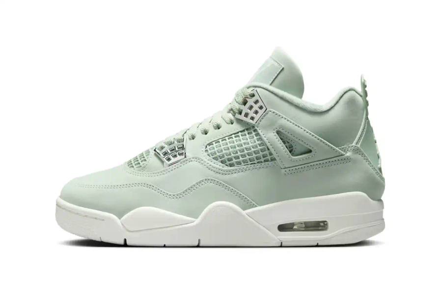 Air Jordan 4 "Abundance" sneaker in monochromatic Seafoam green with Metallic Silver eyelets, featuring a sail-colored midsole and outsole. Shown from multiple angles displaying the tonal Jumpman logo on tongue and heel tab