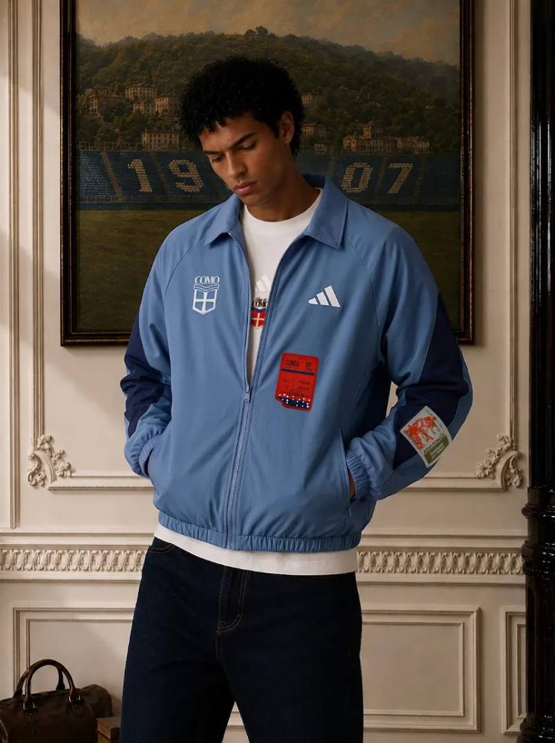 image detailing the new Como 1907 Sticker Collection, describing the four adidas apparel garments, their prices, and the archival design elements.