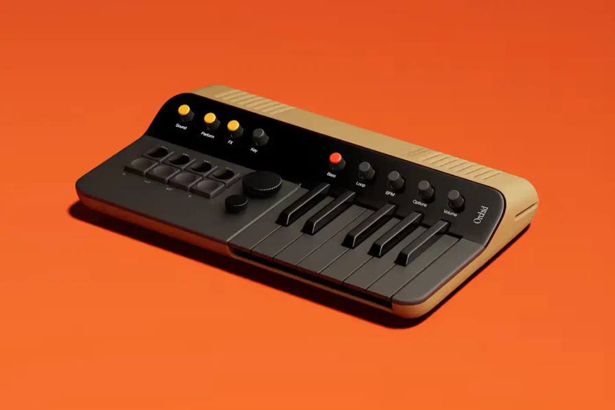 Telepathic Instruments Image of The Orchid, a portable digital synthesizer with a sleek design, featuring multiple control buttons and a keyboard interface. Created by Tame Impala's Kevin Parker through Telepathic Instruments.