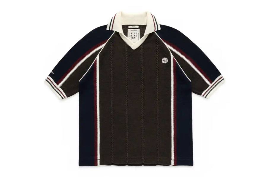 MONTRÉAL'S JJJJOUND TEAMS UP WITH RICE NINE TEN ON KNIT SOCCER JERSEY image of the collaboration between JJJJound and RICE NINE TEN featuring a limited-edition knitted soccer jersey. The piece details the jersey's design elements including textured tuck pattern, contrasting trim, hand-embroidered emblems, and color scheme. Information includes the release date of May 22 at 12 p.m. EST exclusively through JJJJound's website. This is noted as the first partnership between the Montréal design studio and the Japanese brand led by designer Shohei Kimura.