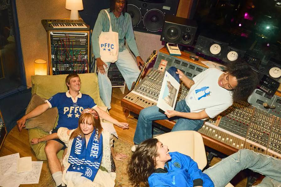 image detailing a new apparel collaboration between Inter Milan and Pink Floyd featuring retro football shirts and accessories.