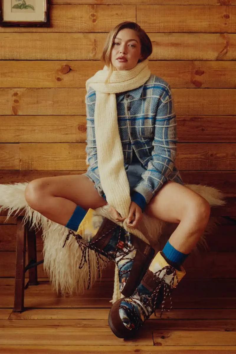 Fashion collaboration between Moon Boot and Guest in Residence by Gigi Hadid introduces 16 winter boot styles with landscape prints, alpaca wool blends, and bead charm details.