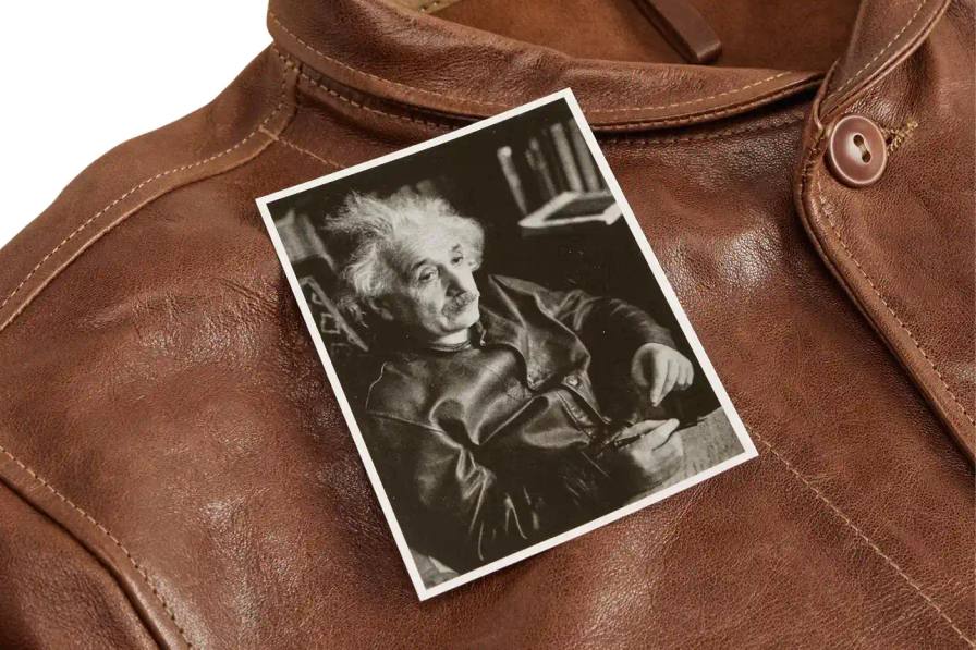 LEVI'S REPRODUCES EINSTEIN'S 1935 LEATHER JACKET Levi's Vintage Clothing produces a limited run of 800 reproductions of Albert Einstein's 1935 Menlo Cossack Leather Jacket, preserving the original design details and historical significance.