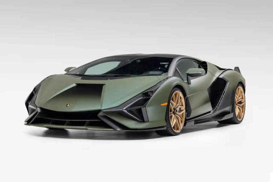 Verde Triton 2021 Lamborghini Sián FKP 37 hybrid supercar with gold wheels photographed in profile view showing its aerodynamic design.