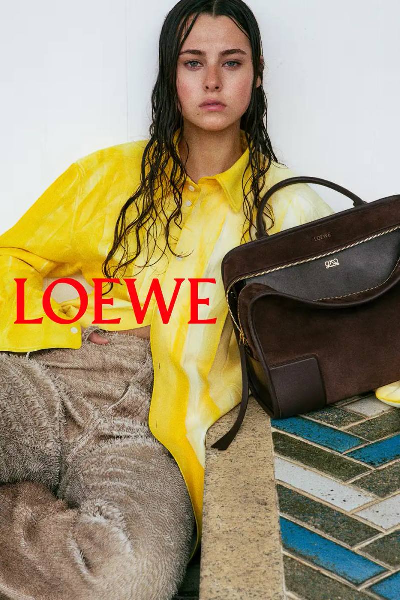 image detailing the Loewe Spring Summer 2026 fashion campaign. The text describes clothing designs, campaign actors, and release schedules.