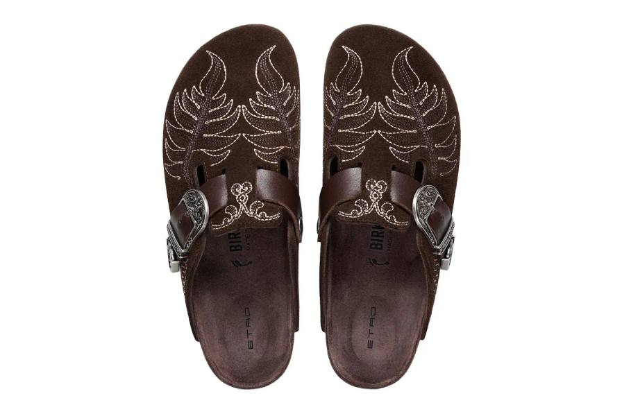 image detailing the new footwear collaboration between Etro and Birkenstock focusing on design updates to the Boston and Gizeh models.