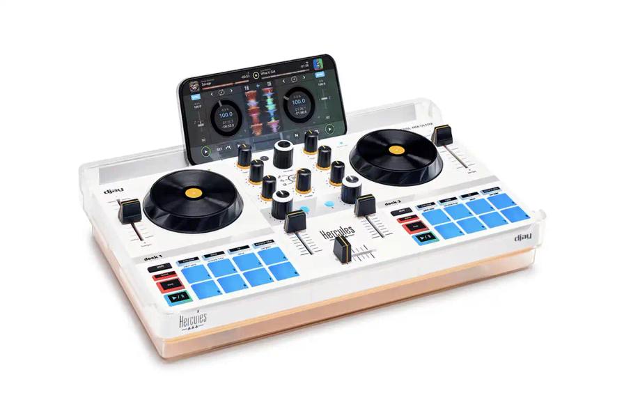 image about the Hercules DJControl Mix Ultra, a compact DJ controller designed for smartphone use. The device weighs 1.9 pounds, measures 12.4 by 6.9 inches, and connects via Bluetooth to iOS and Android devices. Key features include a 10-hour rechargeable battery, eight programmable effects pads with sampling capabilities, three-band EQ controls, and Neural Mix technology for isolating track elements. The controller includes a protective cover that doubles as a phone stand and works with the free djay app. Priced at $219.99 USD, it targets beginner and hobbyist DJs rather than professional users. The article covers technical specifications, connectivity options, audio routing limitations, and practical applications for the device.
