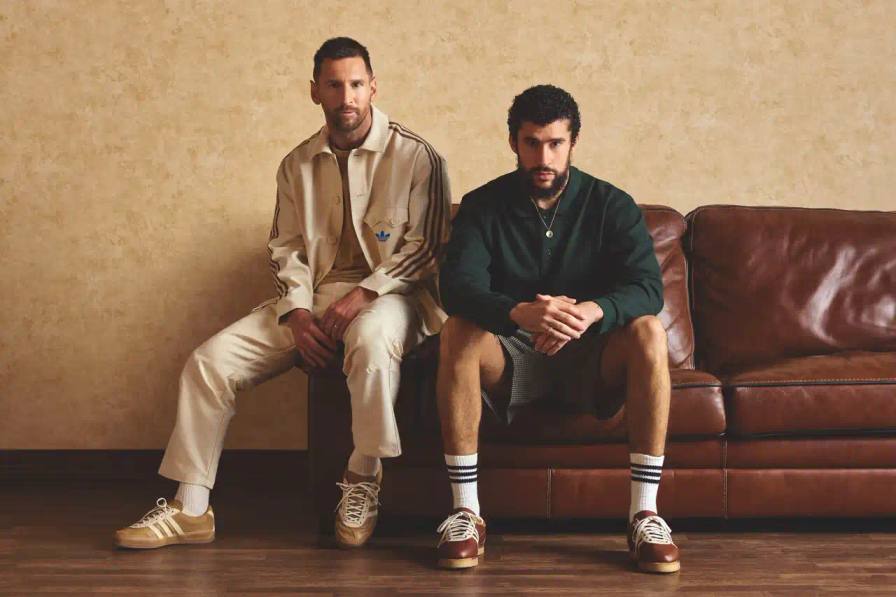 INSIDE THE LINES: ADIDAS PAIRS BAD BUNNY AND MESSI FOR LIMITED EDITION RELEASE adidas Gazelle sneaker in cream leather with brown accents, co-designed by Bad Bunny and Lionel Messi, shown from side angle displaying X-shaped heel stripes and signature details