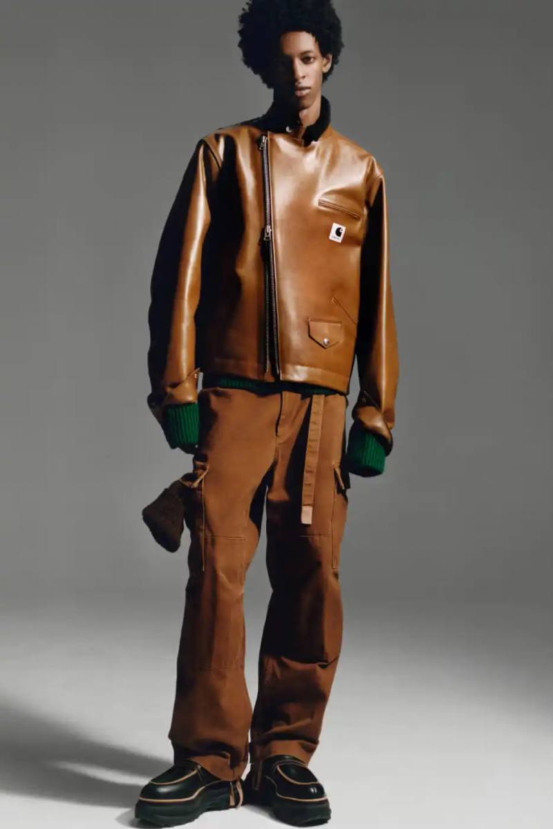 image about the third collaboration between fashion brands sacai and Carhartt WIP, featuring details about their 19-piece collection launching October 3, 2025
