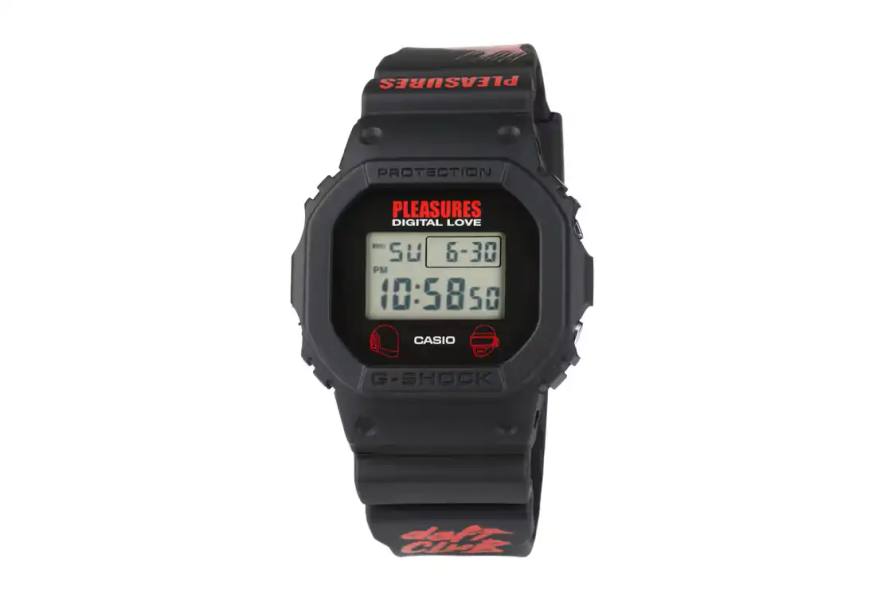 PLEASURES and Casio introduce a limited-edition G-SHOCK DW5600PDP-1 watch featuring Daft Punk's helmet design, cyberpunk styling, and custom backlight display.
