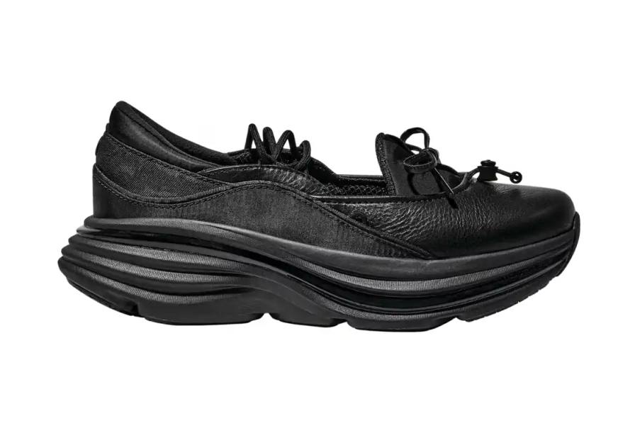 image covers HOKA's new BONDI MARY JANE slip-on shoes launching October 1, 2024, priced at $170 USD, available in two colorways with signature cushioning technology.
