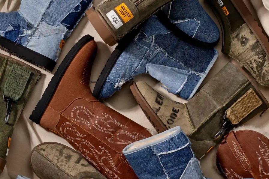 Brown leather UGG x GALLERY DEPT. Stitched Boot featuring all-over embroidery detail and lug sole, shown from side angle