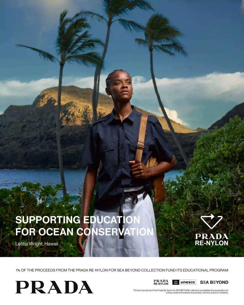 An image detailing the Prada Re-Nylon 2026 documentary episode featuring Letitia Wright in Hawaii, focusing on ocean conservation efforts and the SEA BEYOND educational program.