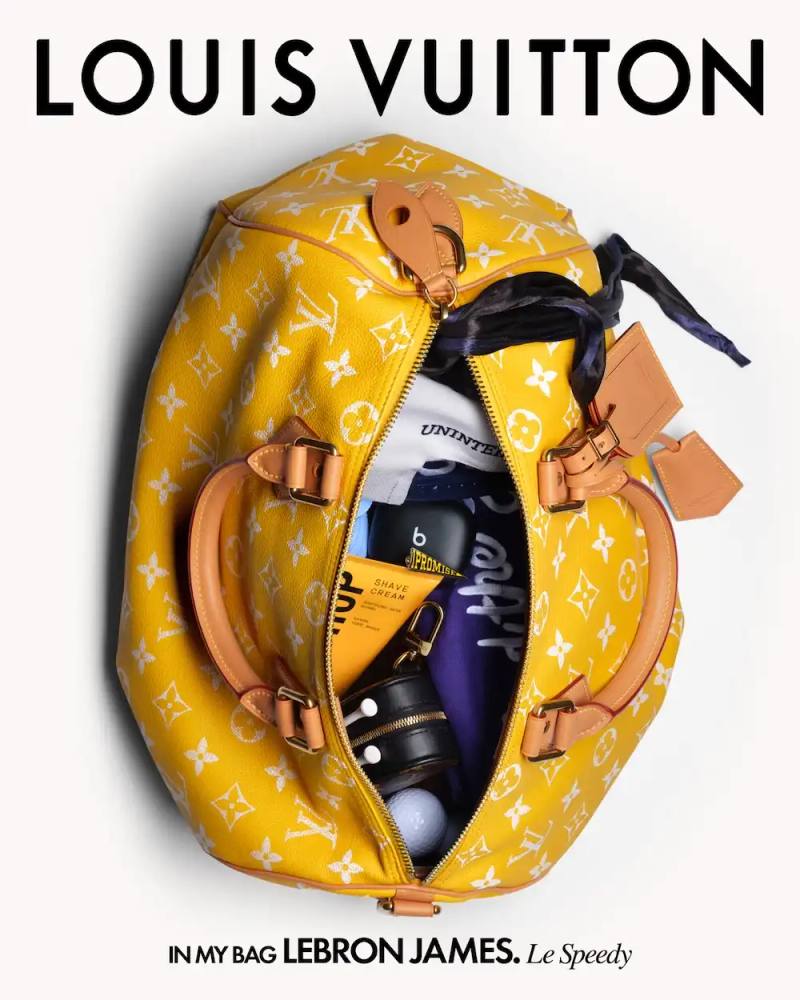 A descriptive image detailing the specific personal items carried by six male celebrities inside their Louis Vuitton bags for a new photography campaign.