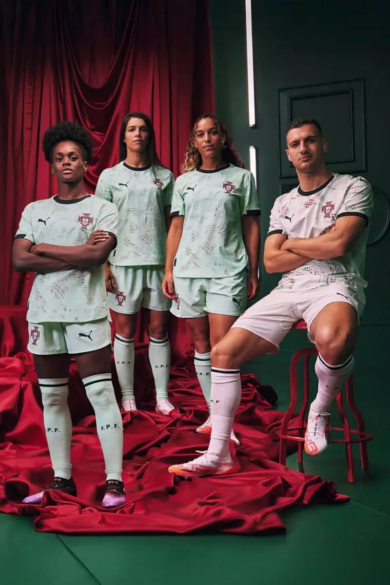 Puma Portugal's new PUMA football kits: Home jersey features red base with gold and green details. Away kit shows white base with geometric patterns in red and green. Both available in Authentic and Replica versions.