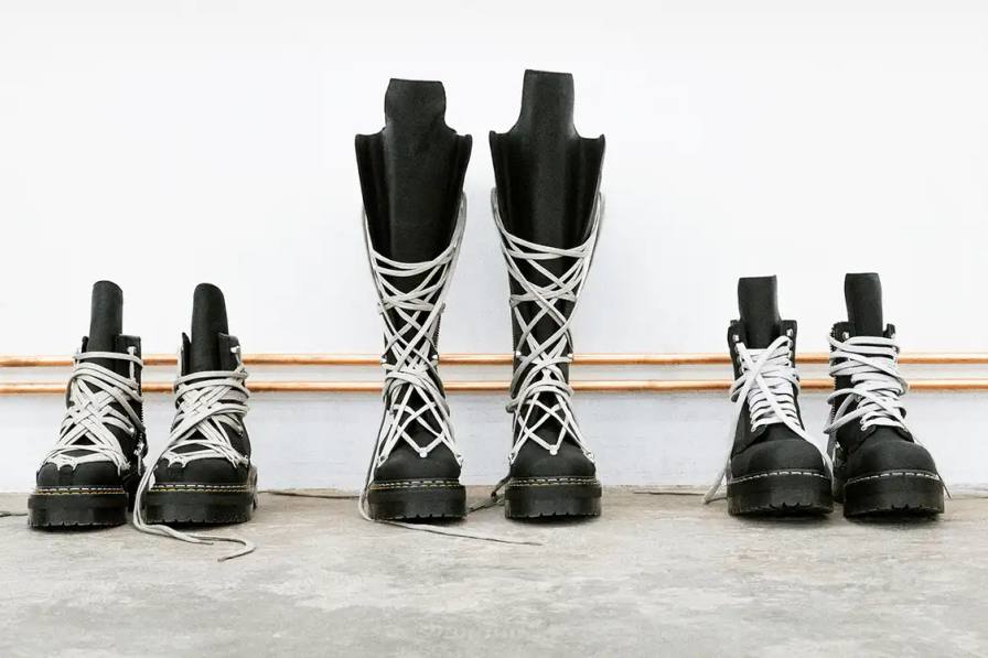 Fashion collaboration between Rick Owens and Dr. Martens produces three black leather boots with platform soles, releasing October 16, 2025.